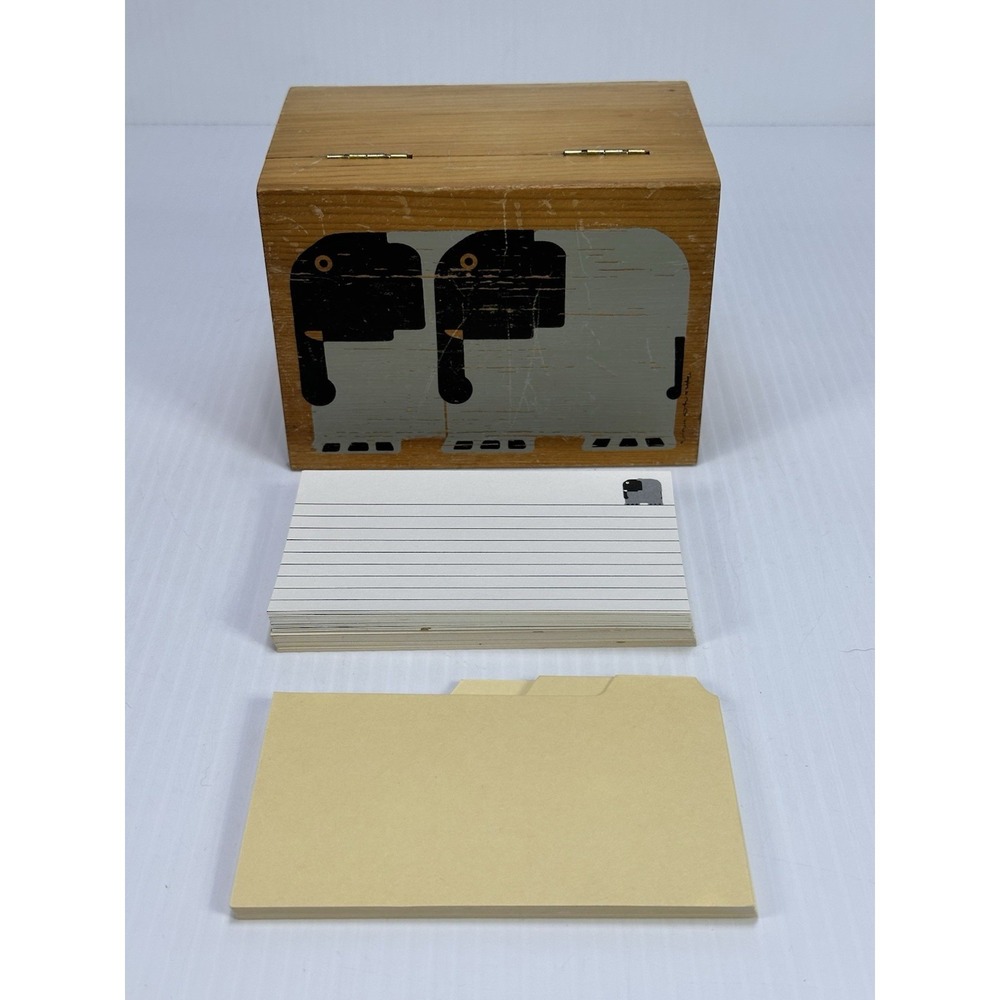 VTG 83 Taylor & NG Elephant Wood File Recipe Box MCM 60 Original Cards Extras